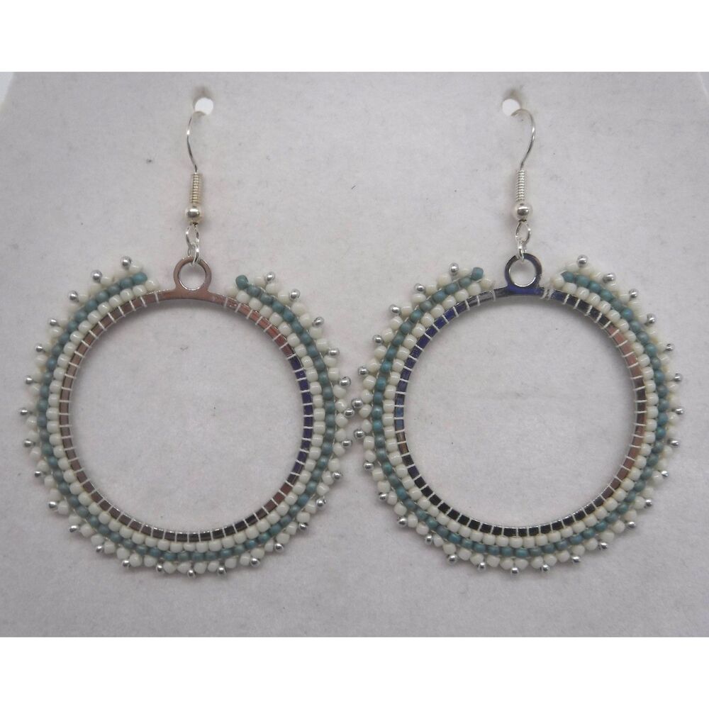 Earrings Beaded Ivory, Blue & Silver